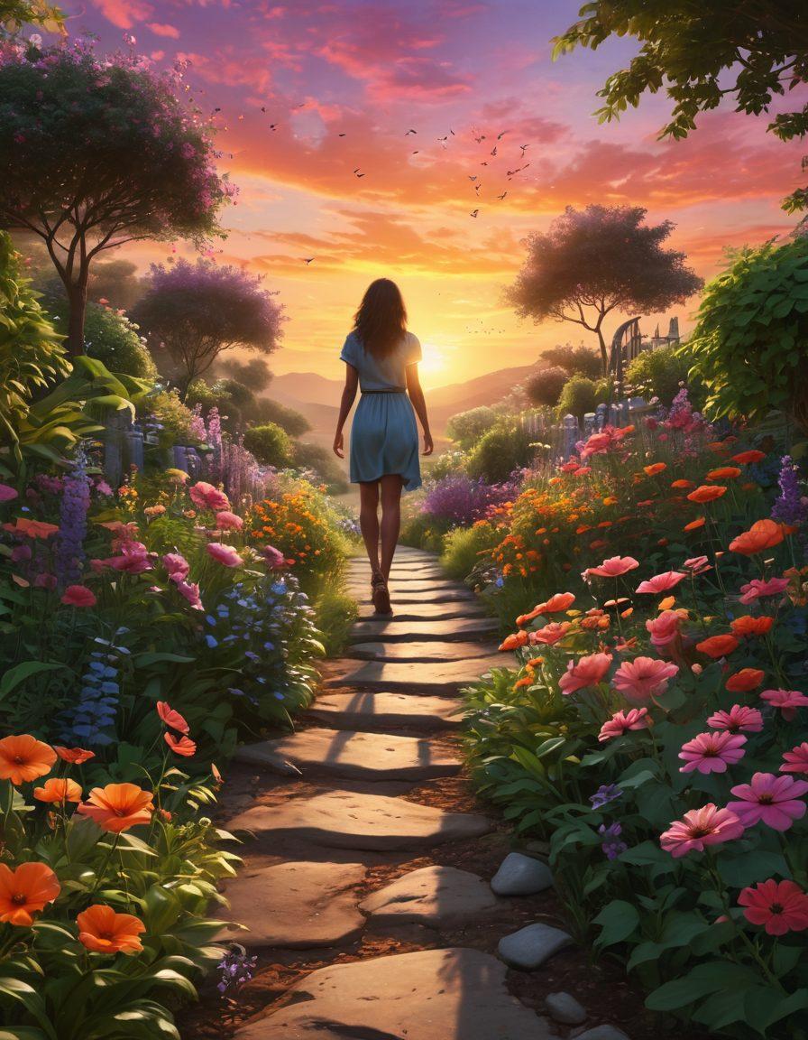 A serene pathway through a lush garden, symbolizing hope and healing, with vibrant flowers and motivational quotes floating gently in the air. Include a silhouette of a person walking confidently, representing empowerment, against a soft, uplifting sunset backdrop. super-realistic. vibrant colors. uplifting atmosphere.