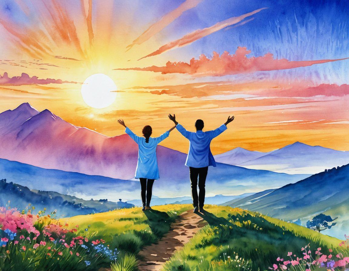 A vibrant and uplifting scene depicting a person overcoming adversity, standing triumphantly on a hilltop with a clear blue sky behind them. Include elements of a medical journey, like subtle cancer ribbons intertwined with flowers around them. Capture the spirit of wellness, support, and advocacy in the community with smiling faces in the background. Emphasize warmth and hope through a golden sunrise illuminating the scene. watercolor painting. vibrant colors.
