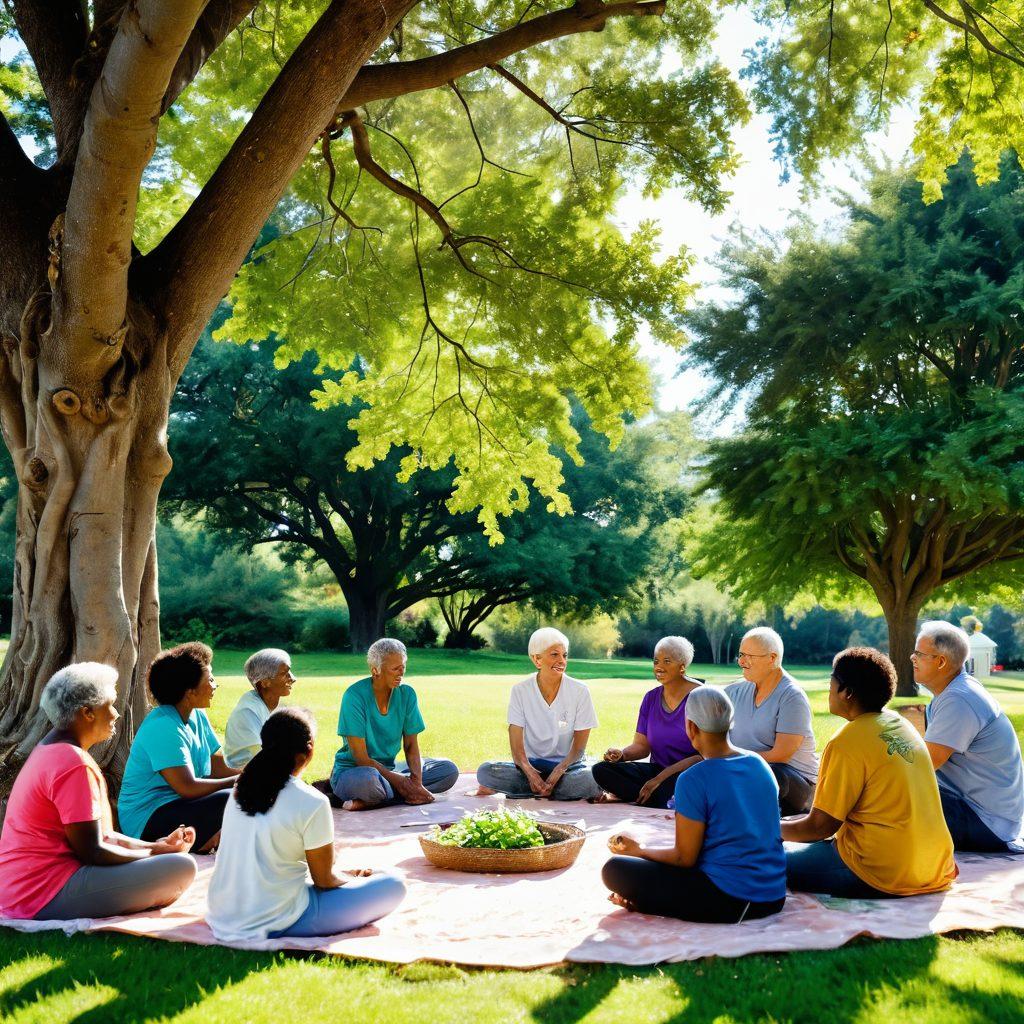 A serene setting featuring a diverse group of individuals, including cancer survivors and support specialists, engaging in a holistic therapy session under a lush green tree. Soft sunlight filters through the leaves, illuminating their smiles. In the background, symbols of community support like a cozy support group banner and resource pamphlets are visible. The atmosphere radiates warmth, hope, and connection. soft pastel colors. painting.